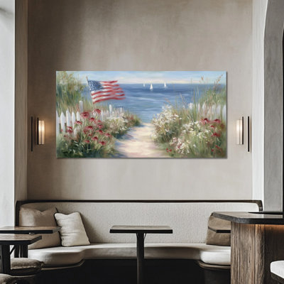 Large Americana Patriotic Wall Art - Coastal American Flag Canvas Painting, 4th of July Picture for Home Decoration, Wrapped Canvas with Pine Frame, 24×48 inches