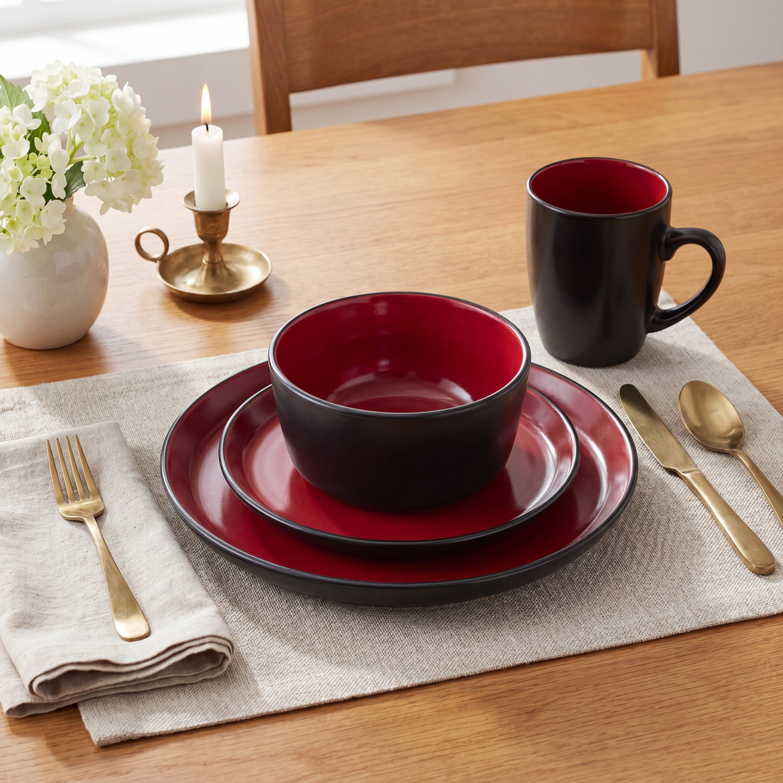 Stoneware Dinnerware Set, Red/Black