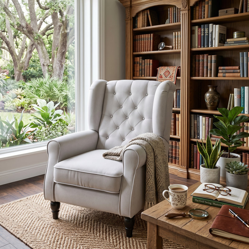 Wingback Accent Chair, Retro Upholstered Button Tufted Occasional Chair For Living Room And Bedroom,, Cream