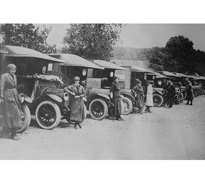 A Line Of Women Ambulance Drivers With Their Vehicles - Photograph
