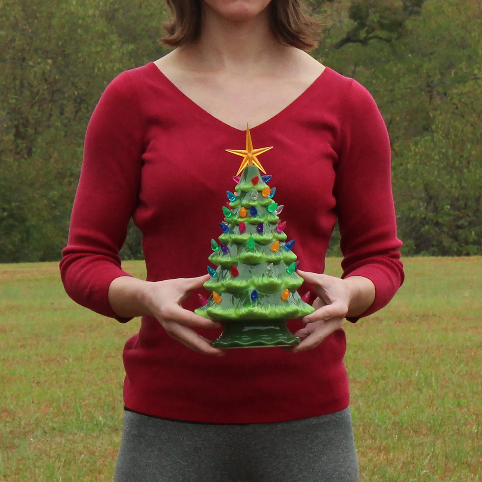 Lighted Ceramic Tabletop Christmas Tree, 11.5" H x 3.5" W x 3.5" D, Green