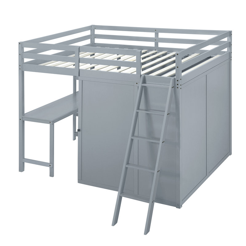 Lit mezzanine double gris avec garde-robe, bureau et tablettes