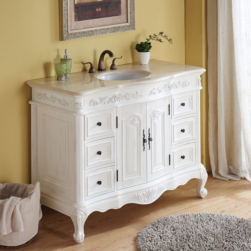 Ajub 48'' Single Bathroom Vanity with Top, Cream Marfil Marble Stone