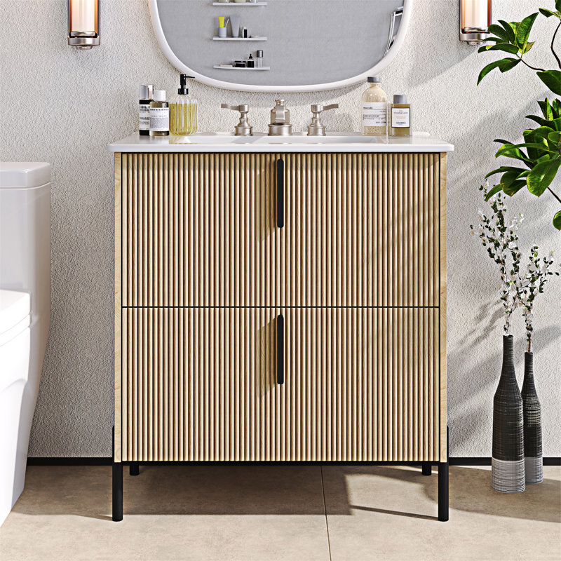 Meuble-lavabo avec lavabo et tiroirs en céramique, Naturel