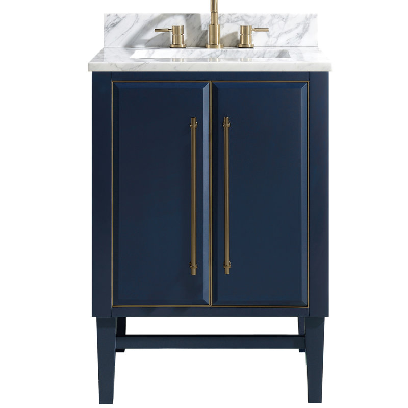 Meuble-lavabo simple l 25 po avec plateau en marbre de Carrare Ewen, Blanc de Carrare, Bleu marine, Or mat