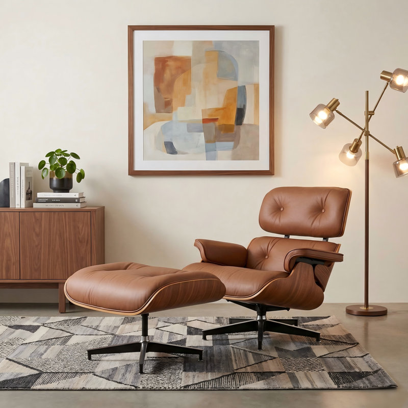 Mid Century Genuine Leather Lounge Chair With Ottoman, Heavy Duty Support Base, Upholstered Recliner For Living Room Study Bedroom