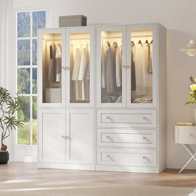 Wardrobe Closet With Drawers And Wardrobe Armoire With Closet Set, 75" Armoire With Smart Light And Hanging Rod, 4 Glass Doors Wooden Wardrobe Cabinet For Bedroom