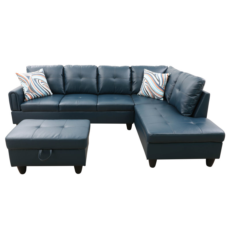 Jayzen 3 - Piece Vegan Sectional, Right Hand Facing, Denim Faux Leather, Black