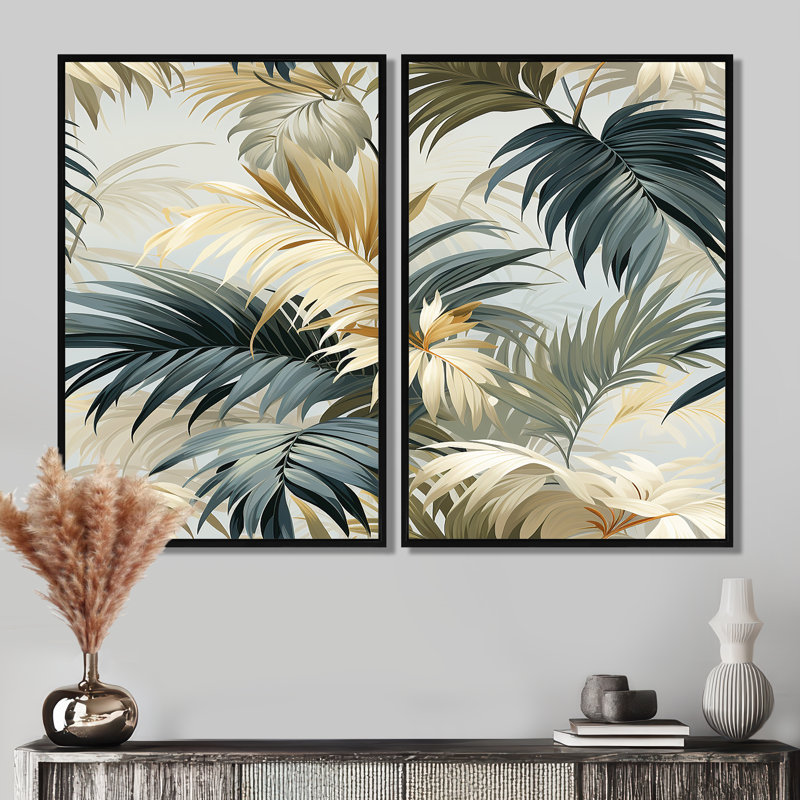 «Whispering Palms Tropical» - Art mural tropical, H 36 po x l 48 po, Impression encadrée flottante, Noir