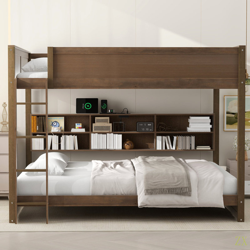 Lit superposé grand sur grand avec armoires de rangement et ports USB, Tanné