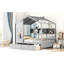 Lit double gris avec forme de maison en bois, 2 tiroirs et tablette de rangement pour anneaux, tablette à structure en pin