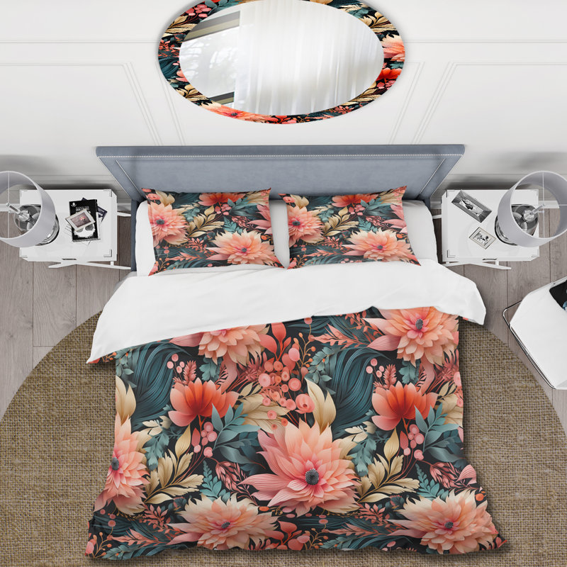 Ensemble de housse de couette Boho Tropical Pink Chrysanthemum Wings, Housse de couette pour très grand lit et 2 très