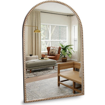 Miroir mural arqué 24 po x 36 po, cadre perlé en métal doré antique