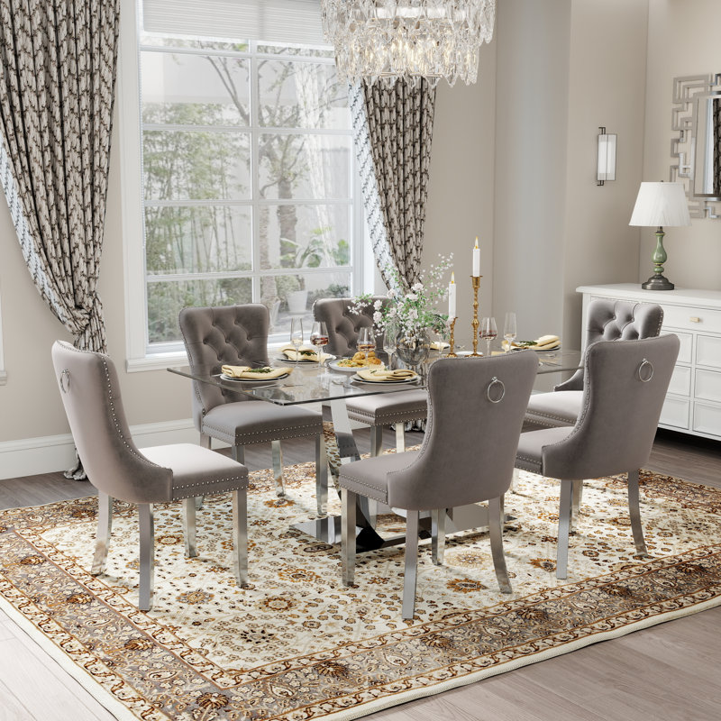 Kazandra 6 - Person Pedestal Dining Set, 30"H x 63"L x 35.4"W, Silver, Gray