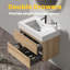 Meuble-lavabo 30 en chêne brut + chêne brut avec lavabo en quartz blanc et tiroirs souples, meuble-lavabo mural flottant pour salle de bain moderne, sans drain ni robinet