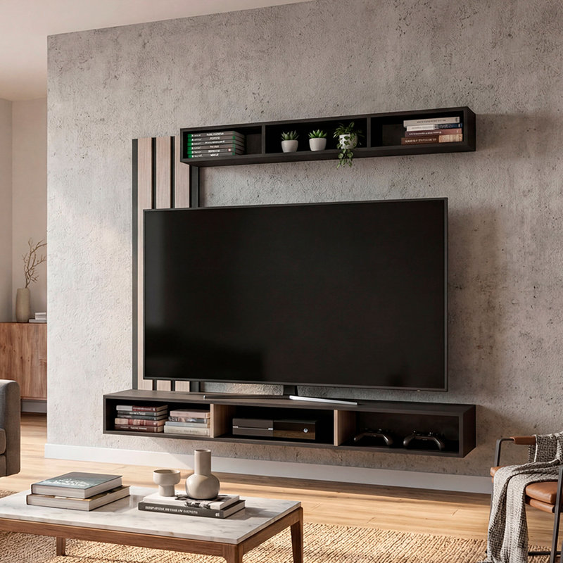 Meuble audio-vidéo pour téléviseur de 65 pouces - console multimédia murale avec meuble télé flottant, tablette de présentation supérieure et panneau de lattes décoratif - wengé noir et chêne naturel