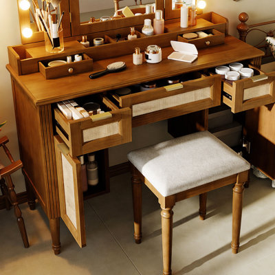 44.37" Makeup Vanity Desk with Stool Set, 13 Hollywood Bulbs & 3 Lighting Modes Dressing Table, Tri-Fold Mirror Large Vanity Table with Cushioned Stool, Charging Station, Ample Storage