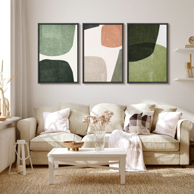 Mid Century Shape Green Tripyth Multicolor Ovals Abstract Mid Century Modern Framed Canvas 3 Pieces Print Wall Decor