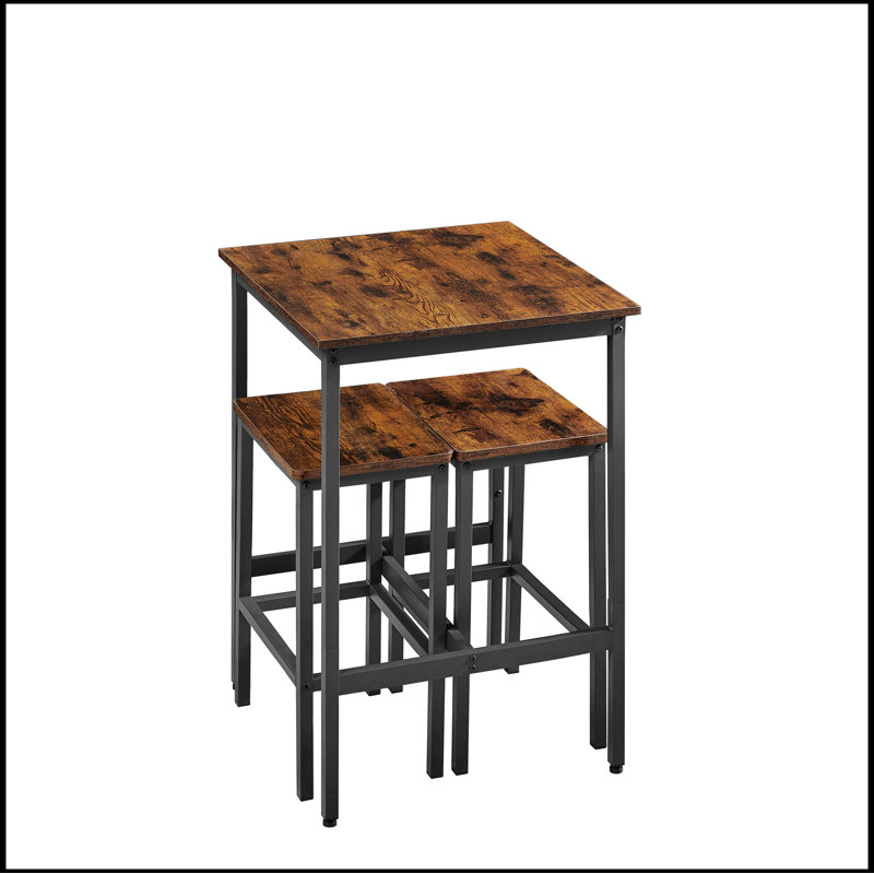 Bar Table Set, Square Bar Table with 2 Bar Chairs, Industrial Style Bar Chairs, Rustic Brown