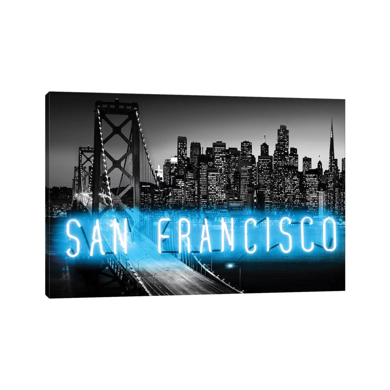 Neon San Francisco Aqua on Black 1 Piece Wrapped Canvas Wall Art, 66.04 cm H x 45.72 cm W x 3.175 cm D