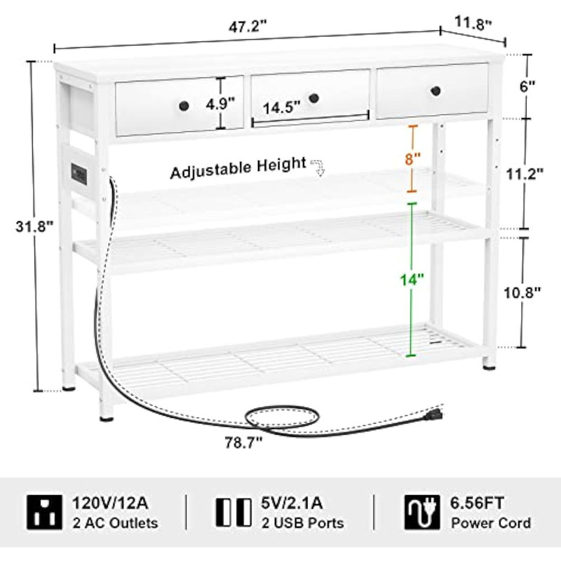 White 47'' Console Table with Storage Shelves and USB Ports