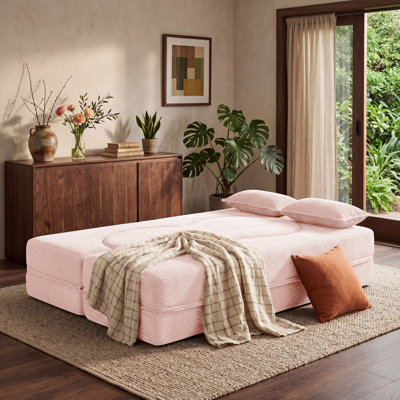 Causeuse convertible 78 po 2 en 1 en flanelle désossée à compression, canapé-lit modulaire pour le salon, aucun assemblage requis, rose