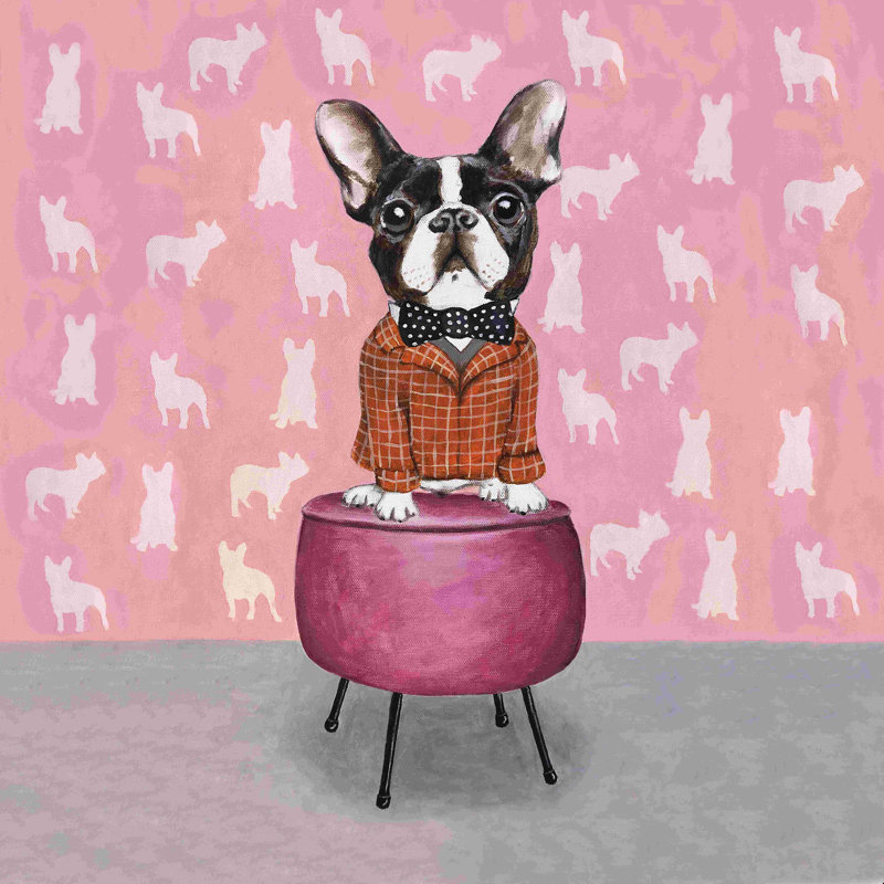 Bouledogue français sur pouf - peinture, H 12 po x l 12 po, Non, Wrapped Canvas