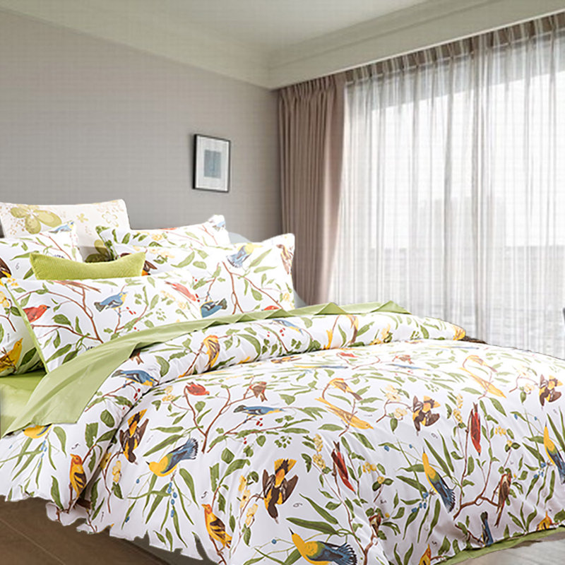  800TC 100% Egyptian Cotton Duvet Cover Set，3pcs Vintage Bird and Colorful Floral Shabby Chic Bedding Set, Aesthetic Botanical Pattern Aesthetic Botanical Pattern for Bedroom Guest Room Student Dorm All Seasons