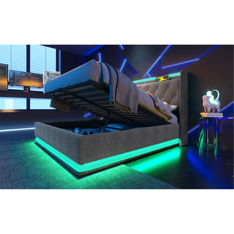 Lit tapissier, fonction DEL à 360 degrés, boutons / applications / télécommande, lit de rangement hydraulique avec chargement USB Type-C, lin (sans matelas)