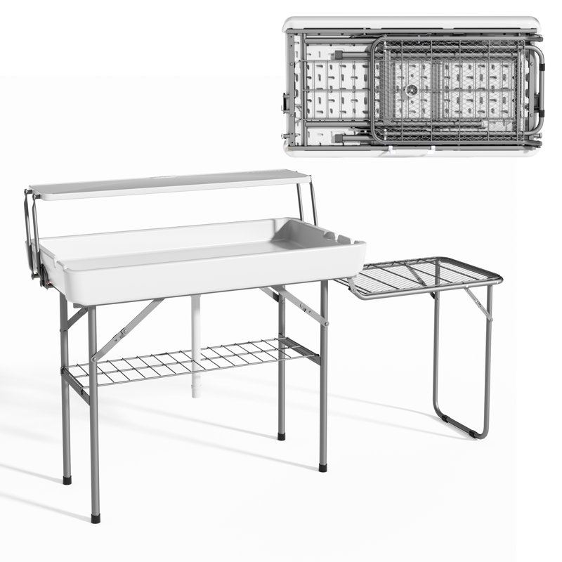 Très grande table glacière à 2 niveaux avec tablette en filet extensible, structure en acier robuste blanc, parfaite pour les fêtes dans la cour et la plage