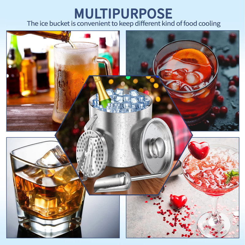 Ice Bucket, Ice Bucket For Home Bar 3L Stainless Steel Double Wall Bar Ice Bucket Set With Lid, Tongs, Scoop And Strainer