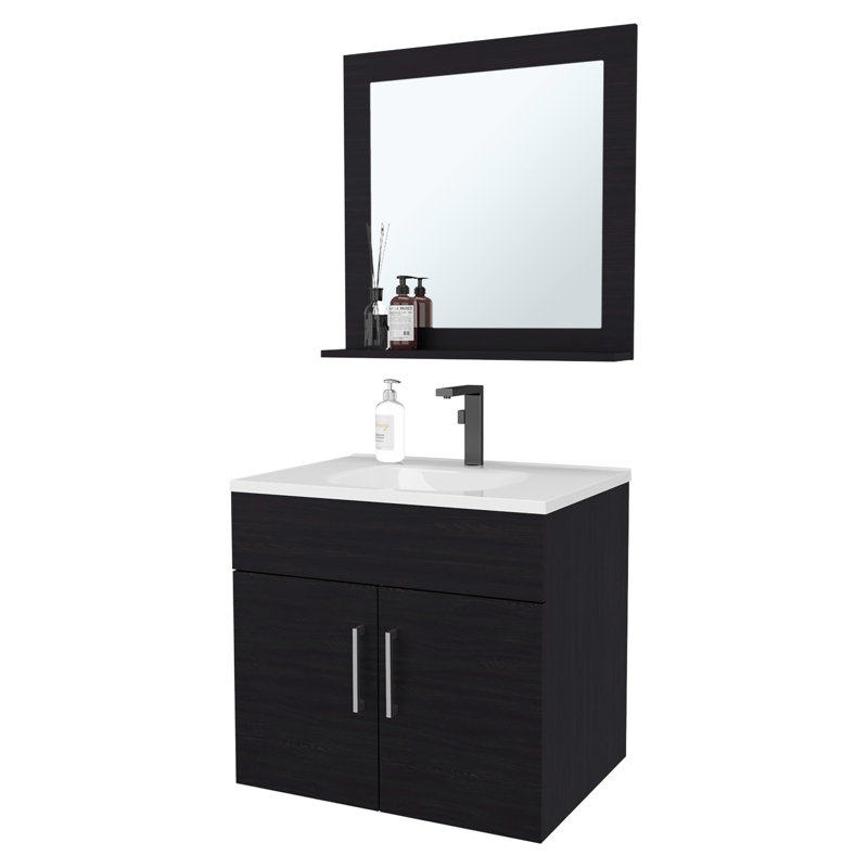 Meuble-lavabo à 2 portes avec design flottant, lavabo et miroir - Tonifié, effet d'éclairage amélioré, armoire, couleur polyvalente pour espaces, réflexion claire, imperméable, conceptions complémentaires aux minimalistes
