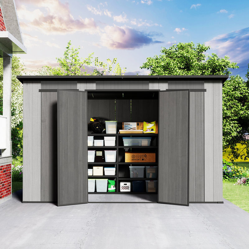 Domi Durable Resin Outdoor Lean-To Storage Shed Pitched Roof Tool Room with Double Door, PVC-coated polyester Floor Mat