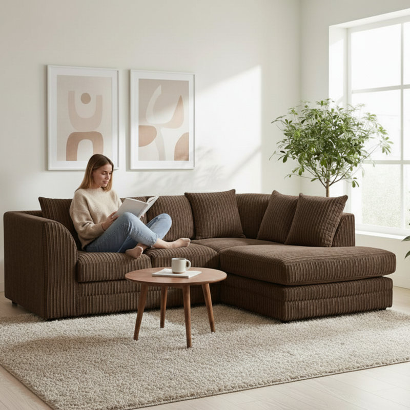 Jumbo Cord Upholstered Corner Sofa Small Back Cushion with Foot Stool , Brown, Right Hand Facing