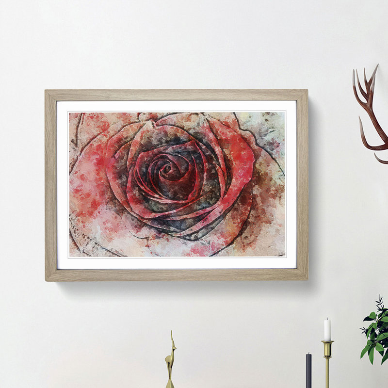 Red Rose in Abstract - Picture Frame Painting Print, 27cm H x 36cm W x 2cm D, Oak Framed