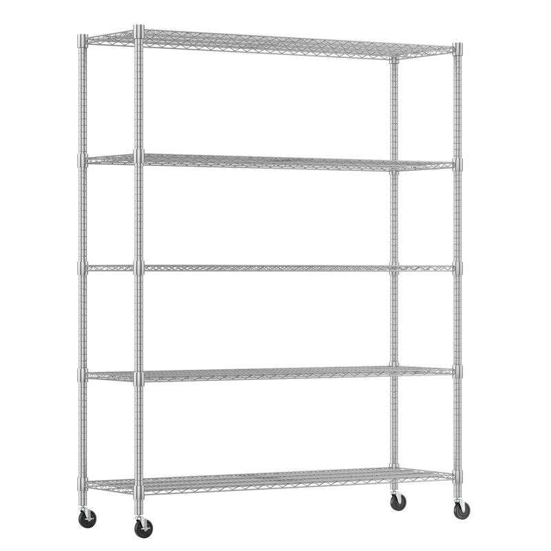 Étagère robuste à hauteur réglable avec roulettes, pieds de nivellement, Chrome, (5 tablettes) H 82 po x l 60 po x P 18 po