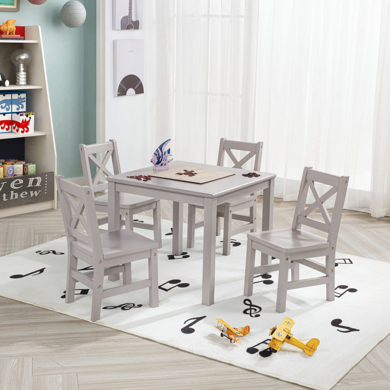 Buckley Kids 5 Piece Solid Wood Play Or Activity Table and Chair Set, Cozy Gray