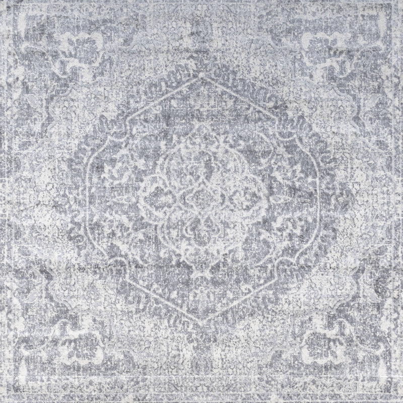 Ademar Modern Persian Vintage Medallion Gray/Ivory Rug, Square 6'7"