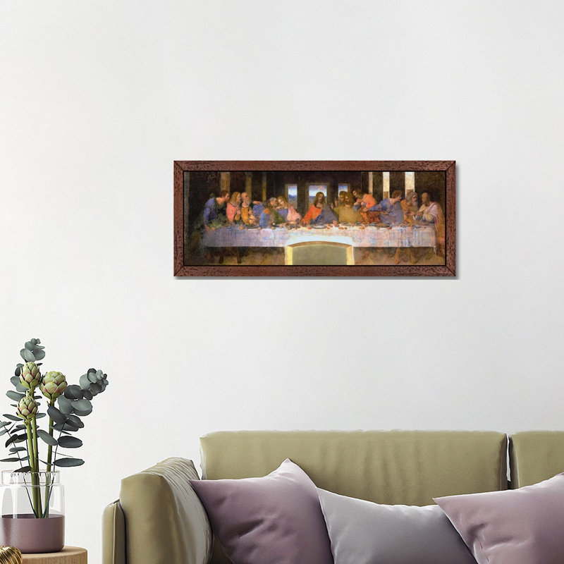 The Last Supper by Leonardo Da Vinci - Panoramic Painting on Canvas, Brown Framed, 30.48 cm H x 91.44 cm W