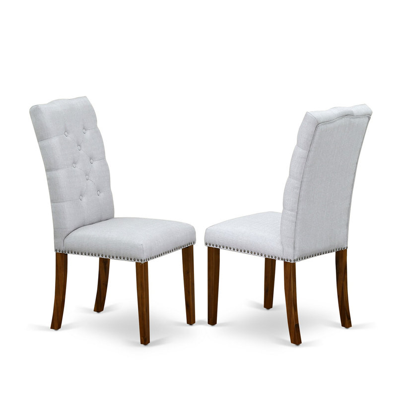Elsa Parson Dining Chairs - Button Tufted Nailhead Trim Grey Linen Fabric Upholstered Chairs, Set of 2, Walnut, Gray