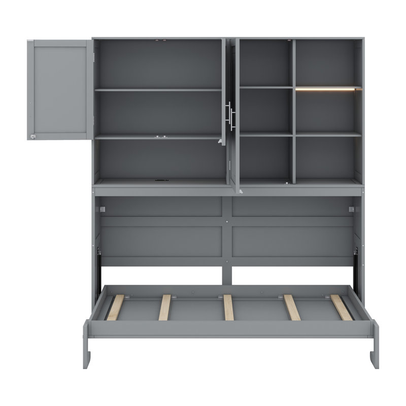 Lit escamotable avec armoire supérieure, tablettes, lit pliable peu encombrant avec éclairage et port USB, Gris