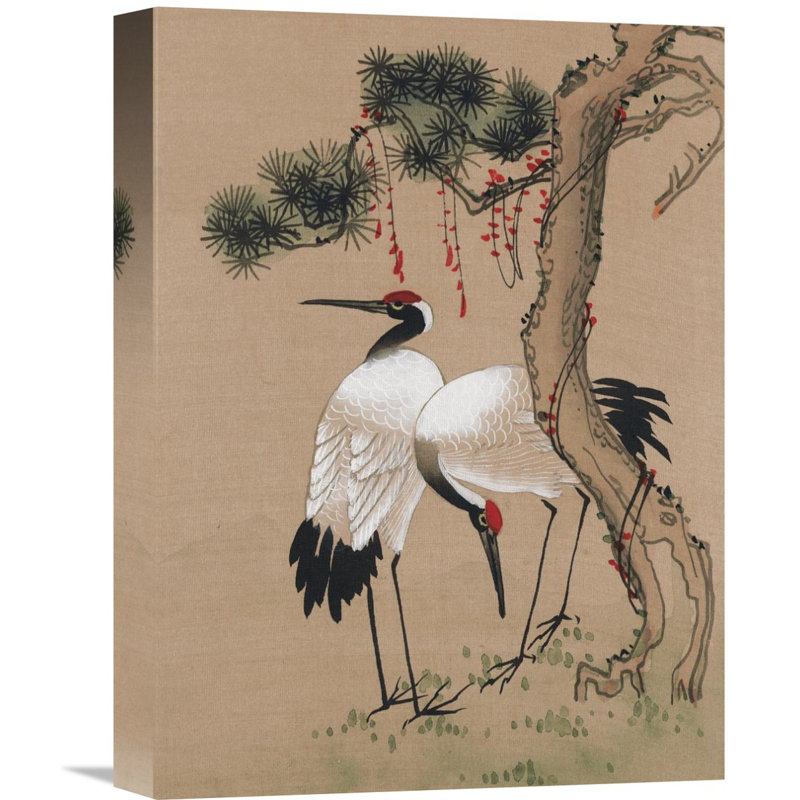Two Cranes Beige Canvas Wall Art with Wooden Frame