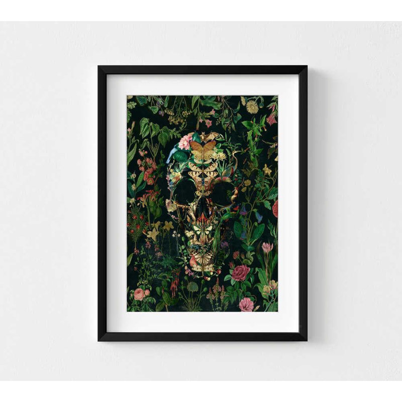 Impression de crâne floral foncé, art aquarelle, 56" H x 42" W, Impression encadrée avec passe-partout, Black