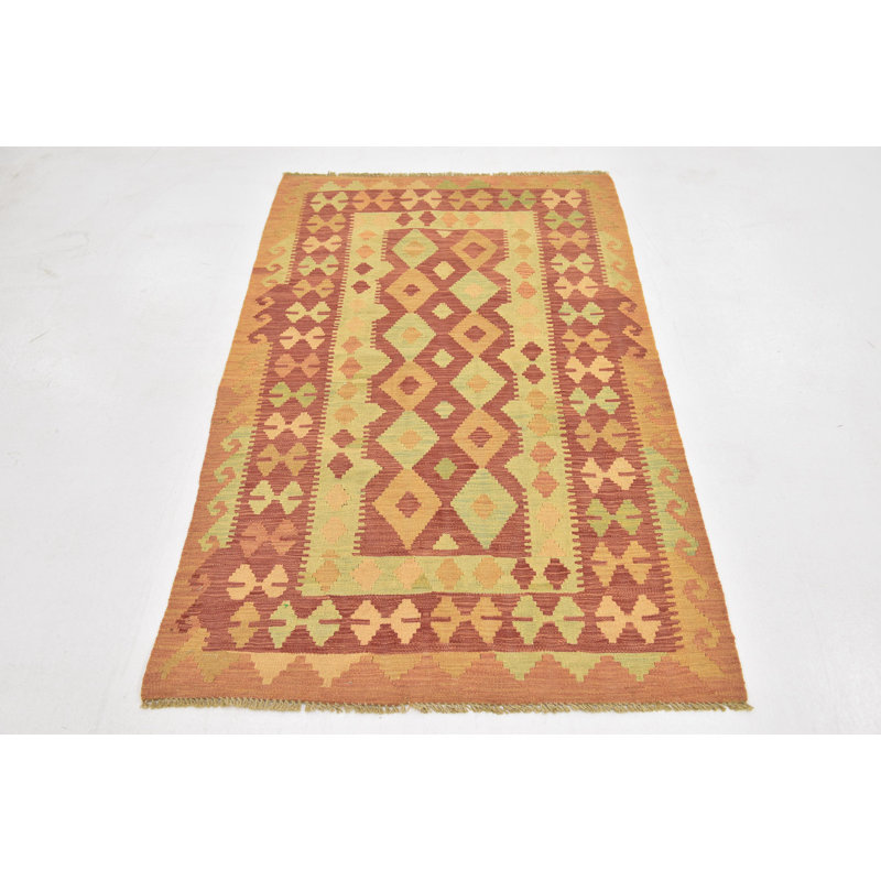 Tapis de la zone en laine beige/rouge 3 pi x 4 pi 10 po one-of-kind à la main noué la Elland