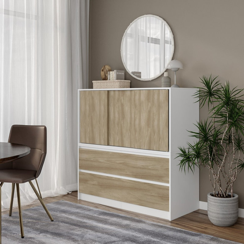 Solid Wood Rectangle Accent Cabinet, White with Oak