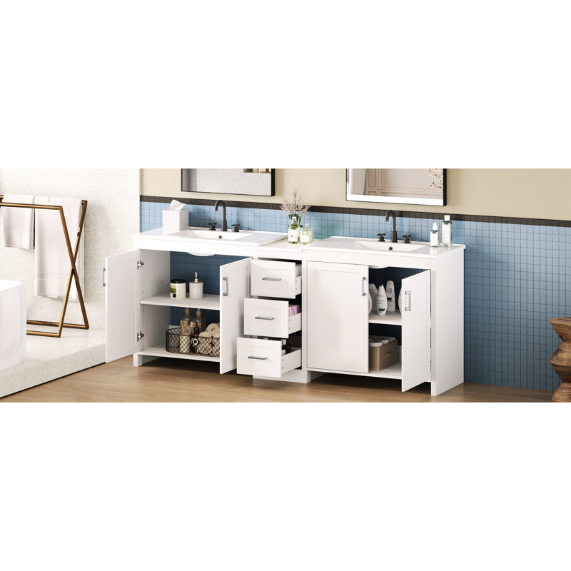 Meuble-lavabo double 84 po blanc avec comptoir en quartz, 2 lavabos en céramique, tablettes réglables, 3 tiroirs et poignées de corrosion pour salle de bain contemporaine avec plateau de 84 po, tablette, lisse