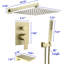 Brushed Gold Shower Faucet Set System 12" Rainfall Head Combo Kit Mixer Valve Wall Mount Tap