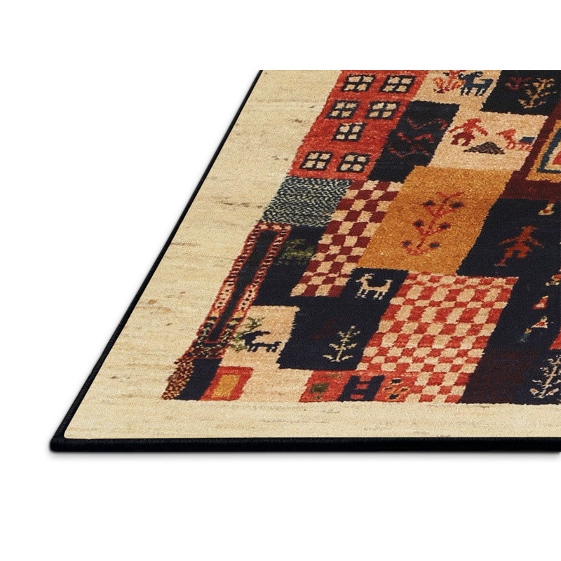 Tapis contemporain beige / noir / orange, Rectangle 7 pi x 10 pi