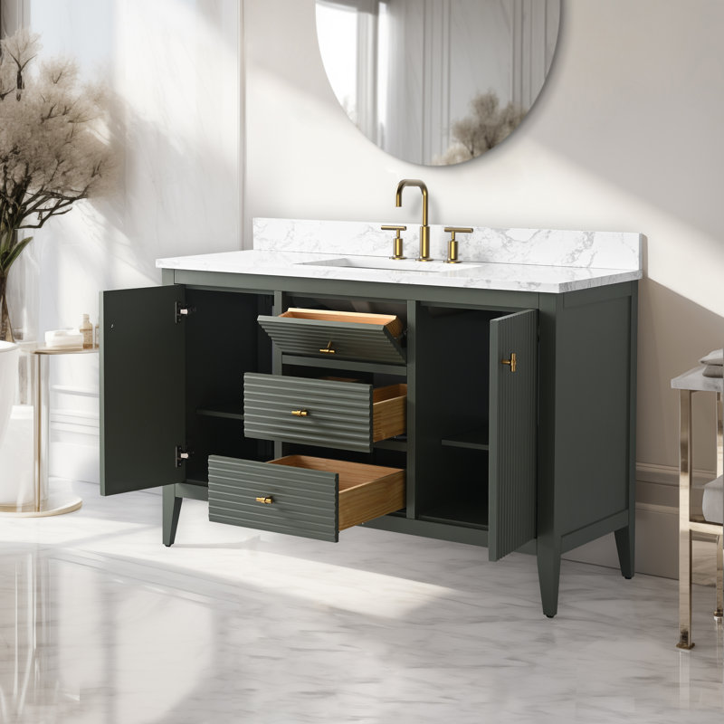 48'' Single Bathroom Vanity with Engineered Marble Top, Golden Brushed, Linear Vintage Green