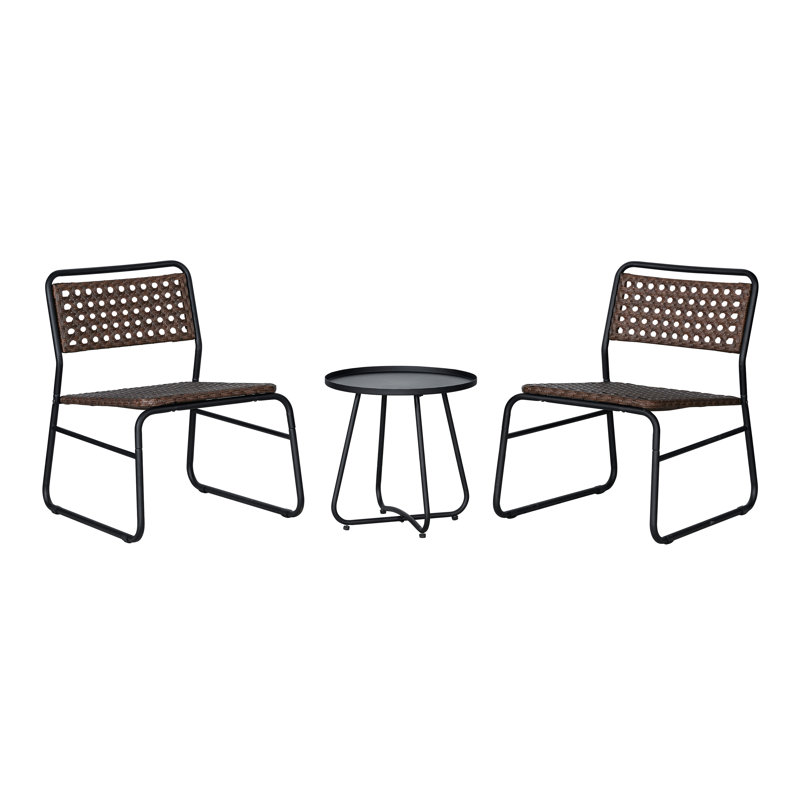 Freja Modern 3-Piece Brown Woven PE Rattan Outdoor Patio Chat Set, Indoor/Outdoor Balcony Bistro Furniture with Black Steel Frame & Table